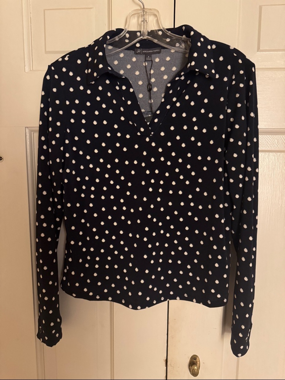 Adrianna Papell Navy Polka Dot Collared Long-Sleeve Blouse